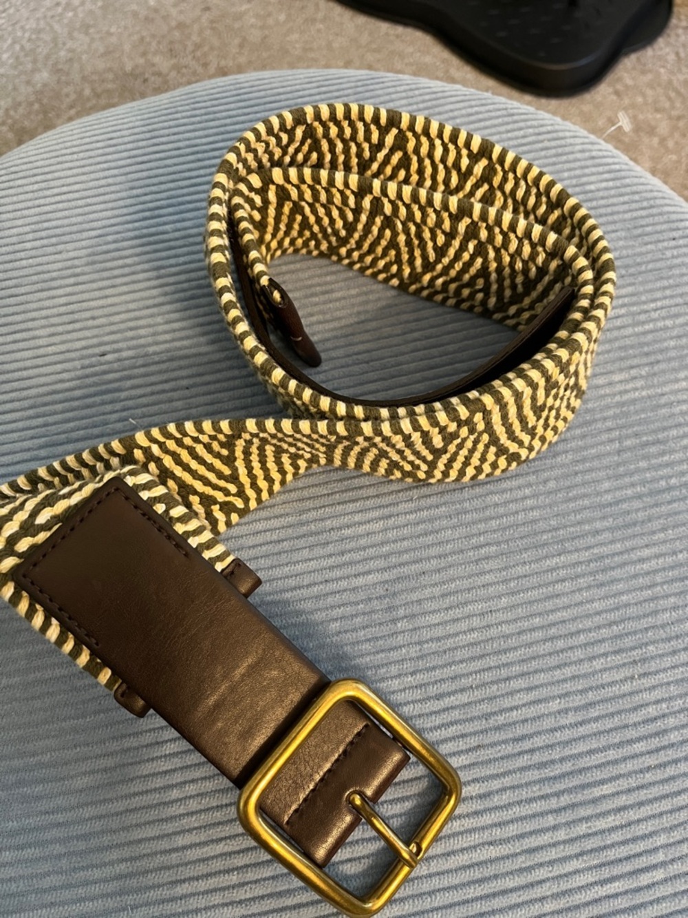 Women’s Woven Olive green and Cream Bag Strap with BrownLeather and Brass Buckle